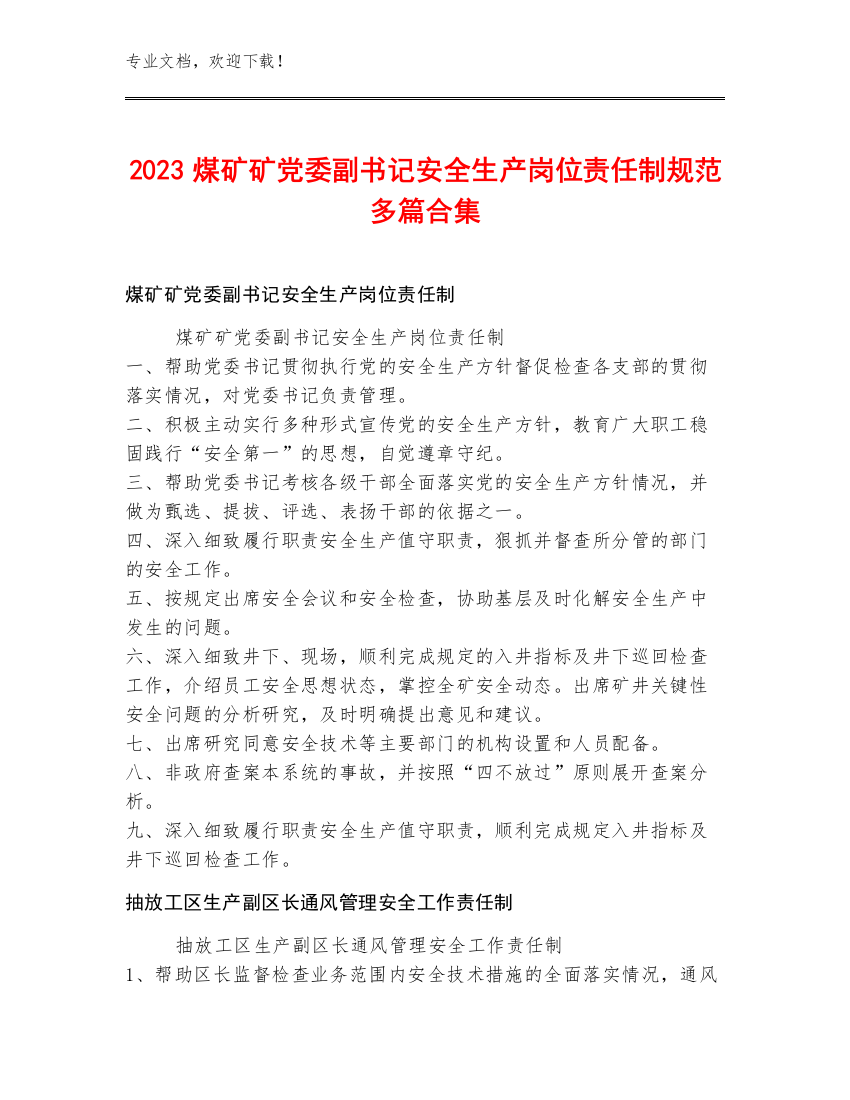 2023煤矿矿党委副书记安全生产岗位责任制规范多篇合集