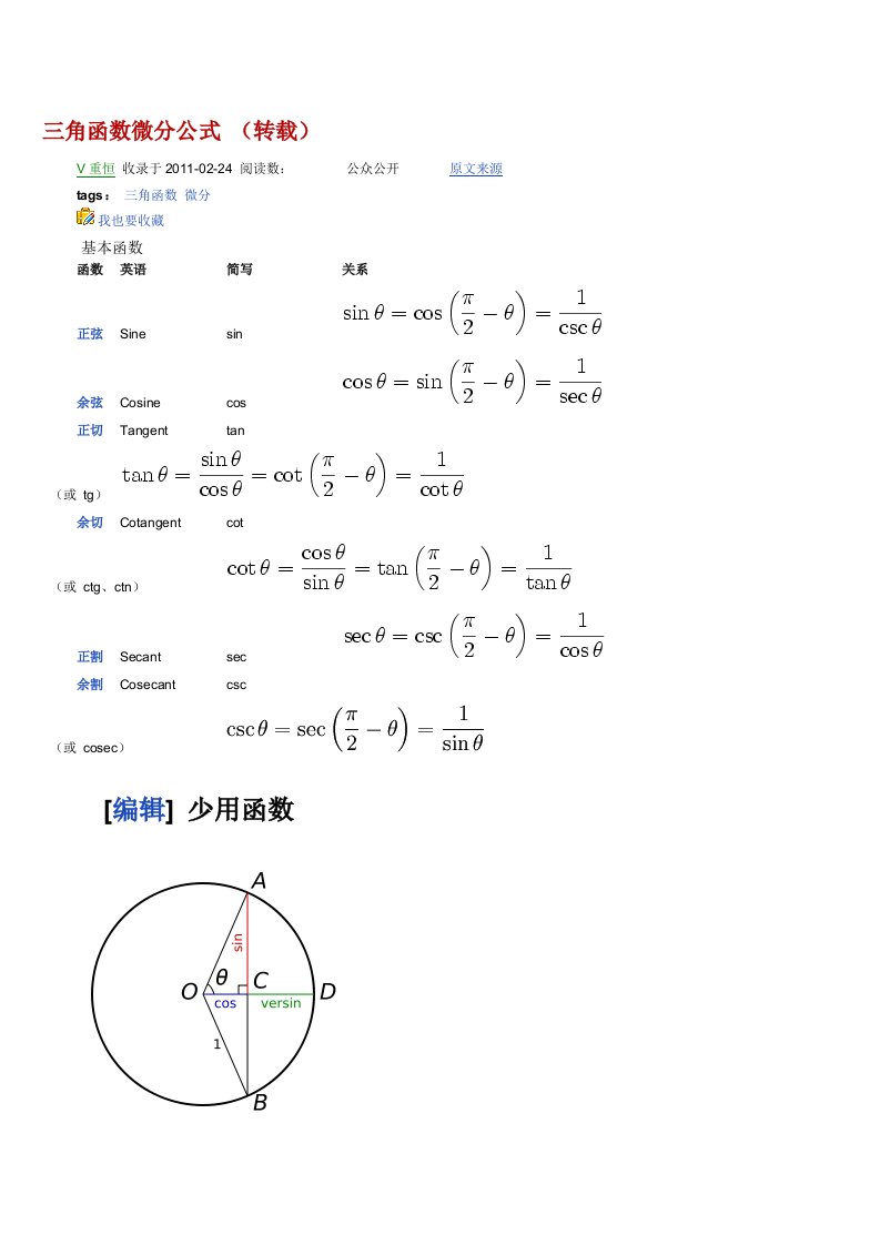 三角函数微分公式