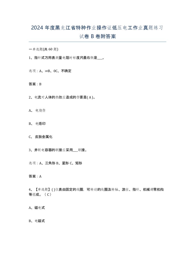 2024年度黑龙江省特种作业操作证低压电工作业真题练习试卷B卷附答案