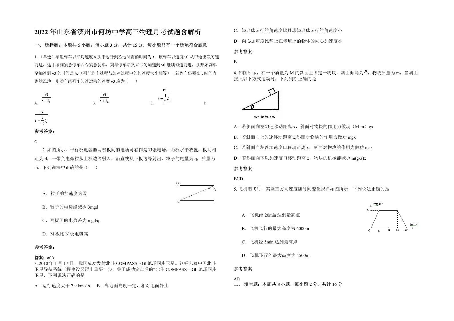 2022年山东省滨州市何坊中学高三物理月考试题含解析