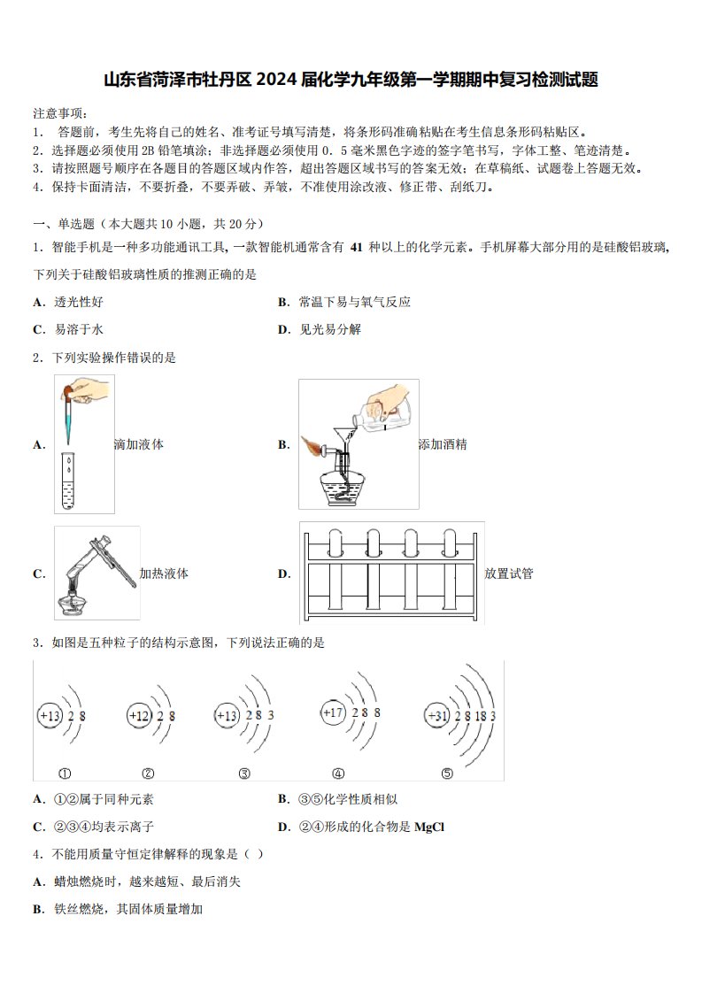 山东省菏泽市牡丹区2024届化学九年级第一学期期中复习检测试题含