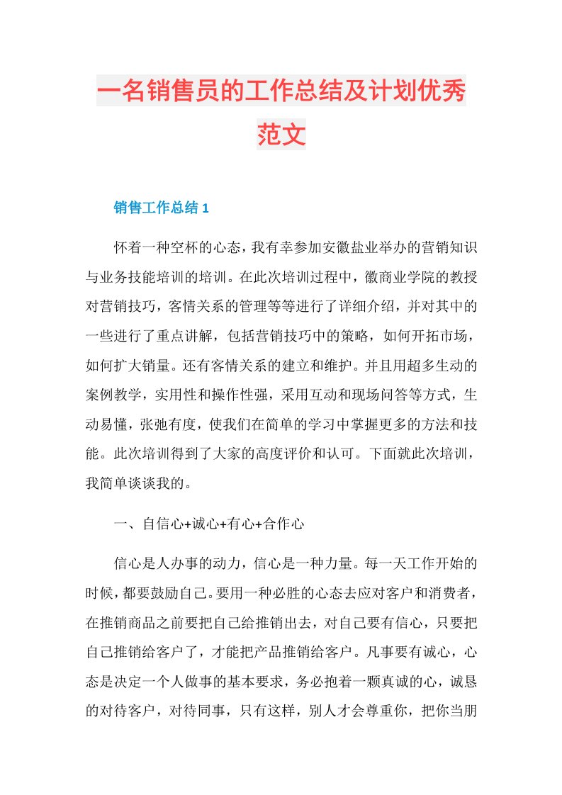 一名销售员的工作总结及计划优秀范文