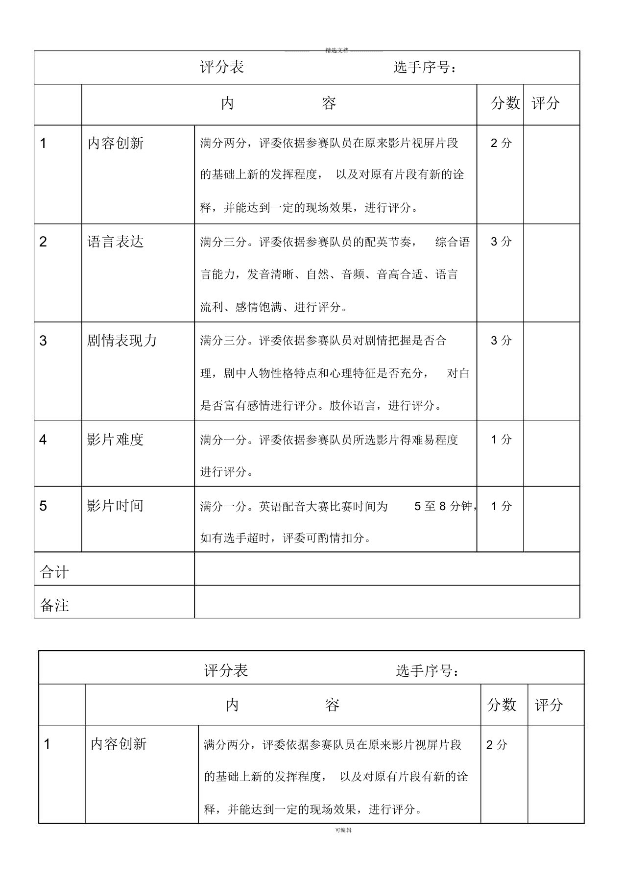 电影配音大赛评分表