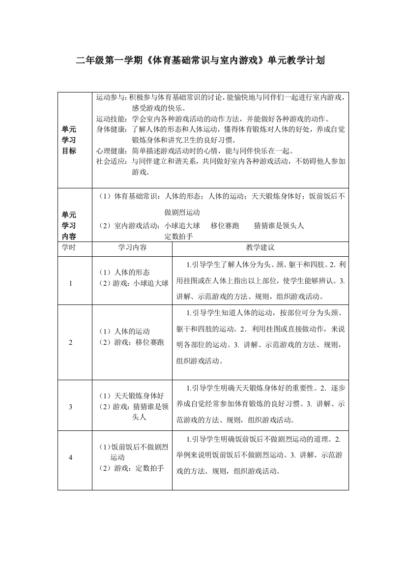 小学体育二年级第一学期《体育基础常识与室内游戏》单元教学计划