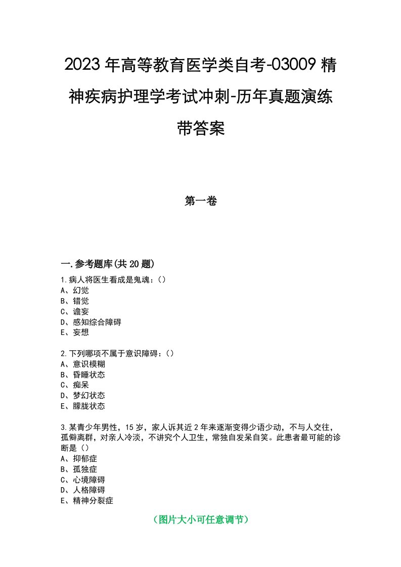 2023年高等教育医学类自考-03009精神疾病护理学考试冲刺-历年真题演练带答案