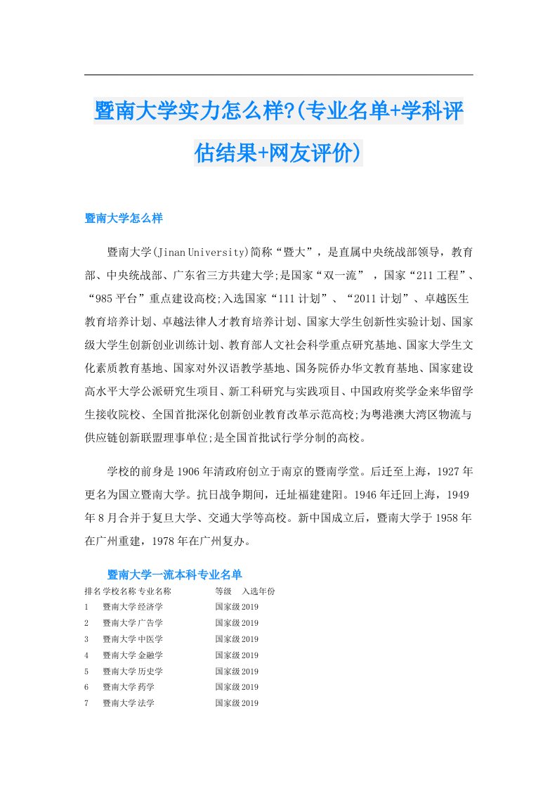 暨南大学实力怎么样(专业名单