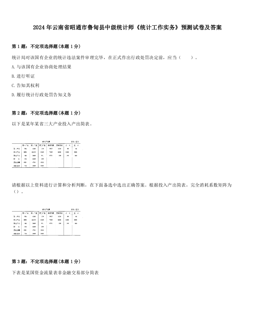 2024年云南省昭通市鲁甸县中级统计师《统计工作实务》预测试卷及答案