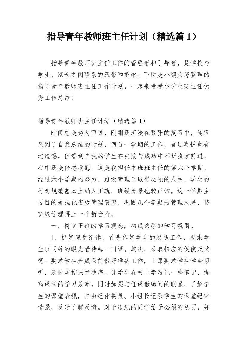 指导青年教师班主任计划（精选篇1）