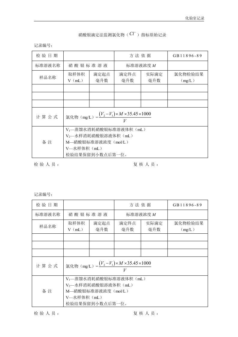 7硝酸银滴定法监测氯化物(Cl-)指标原始记录