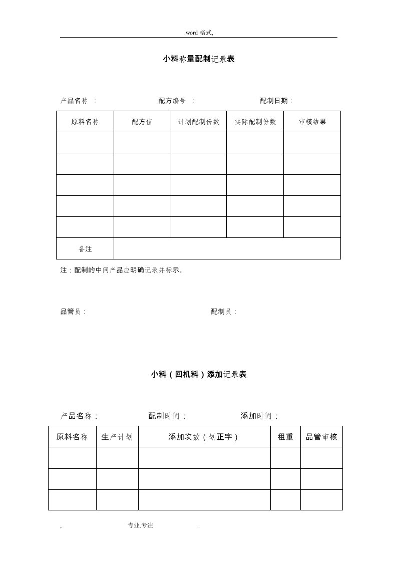 饲料企业生产过程记录表