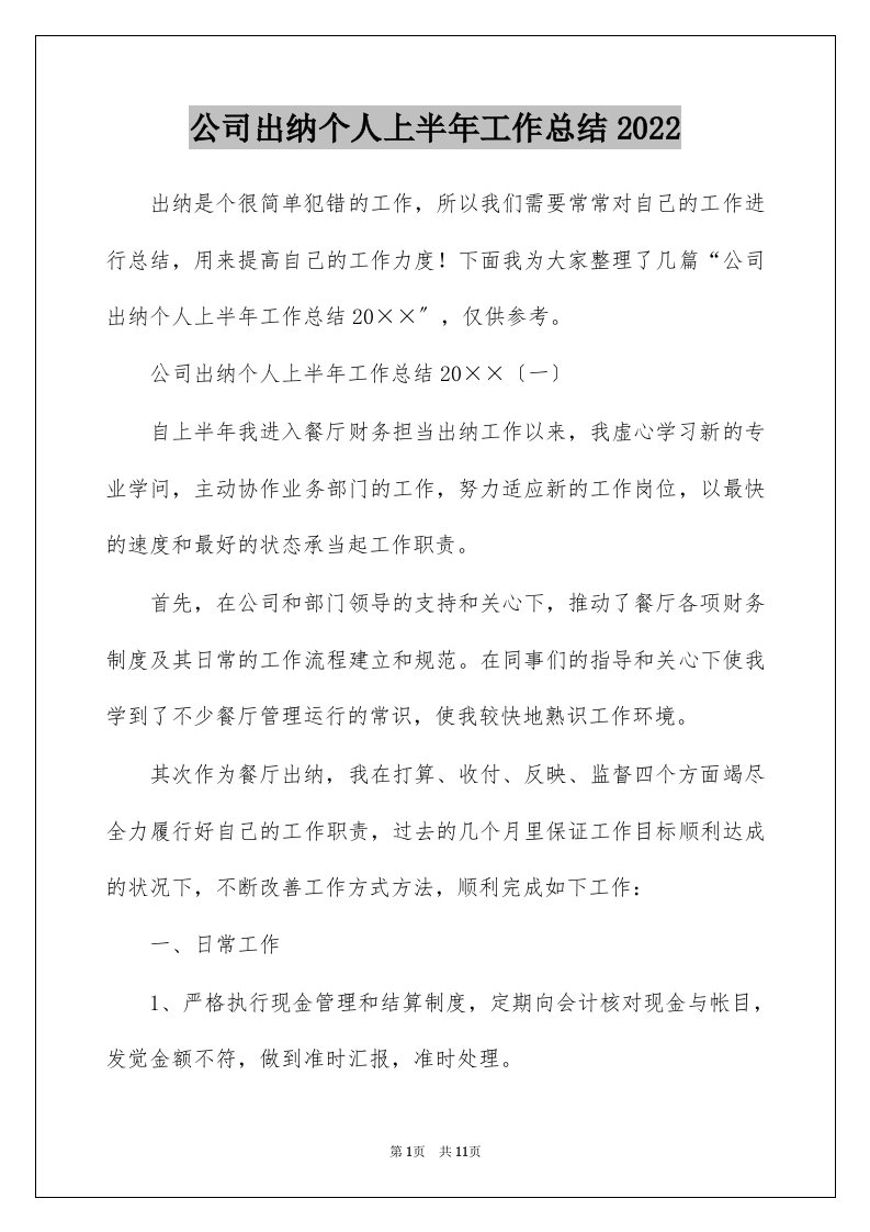 公司出纳个人上半年工作总结2022