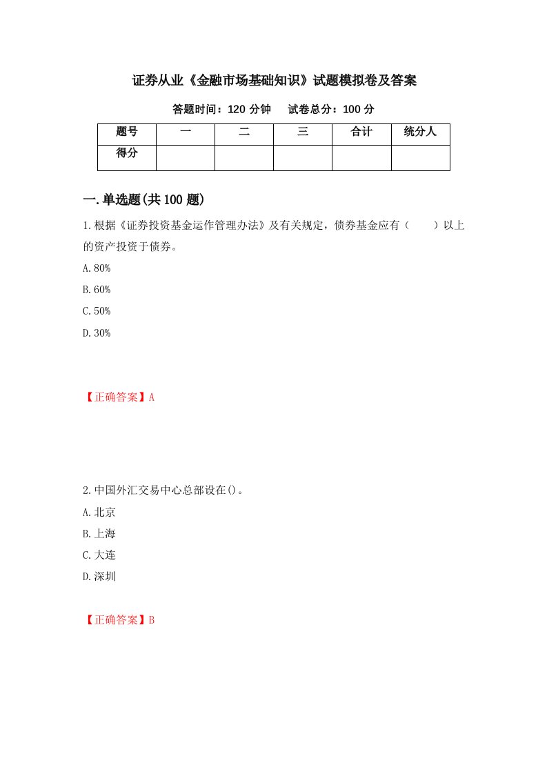 证券从业金融市场基础知识试题模拟卷及答案94