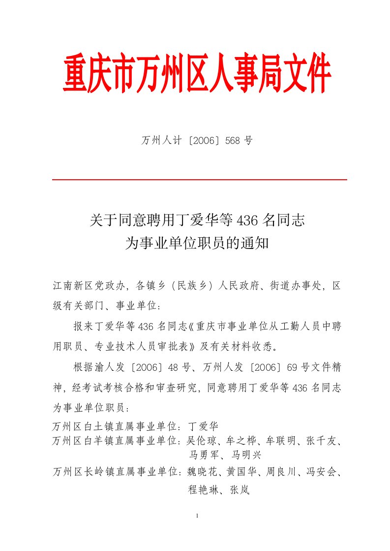 重庆市万州区人事局发文稿纸