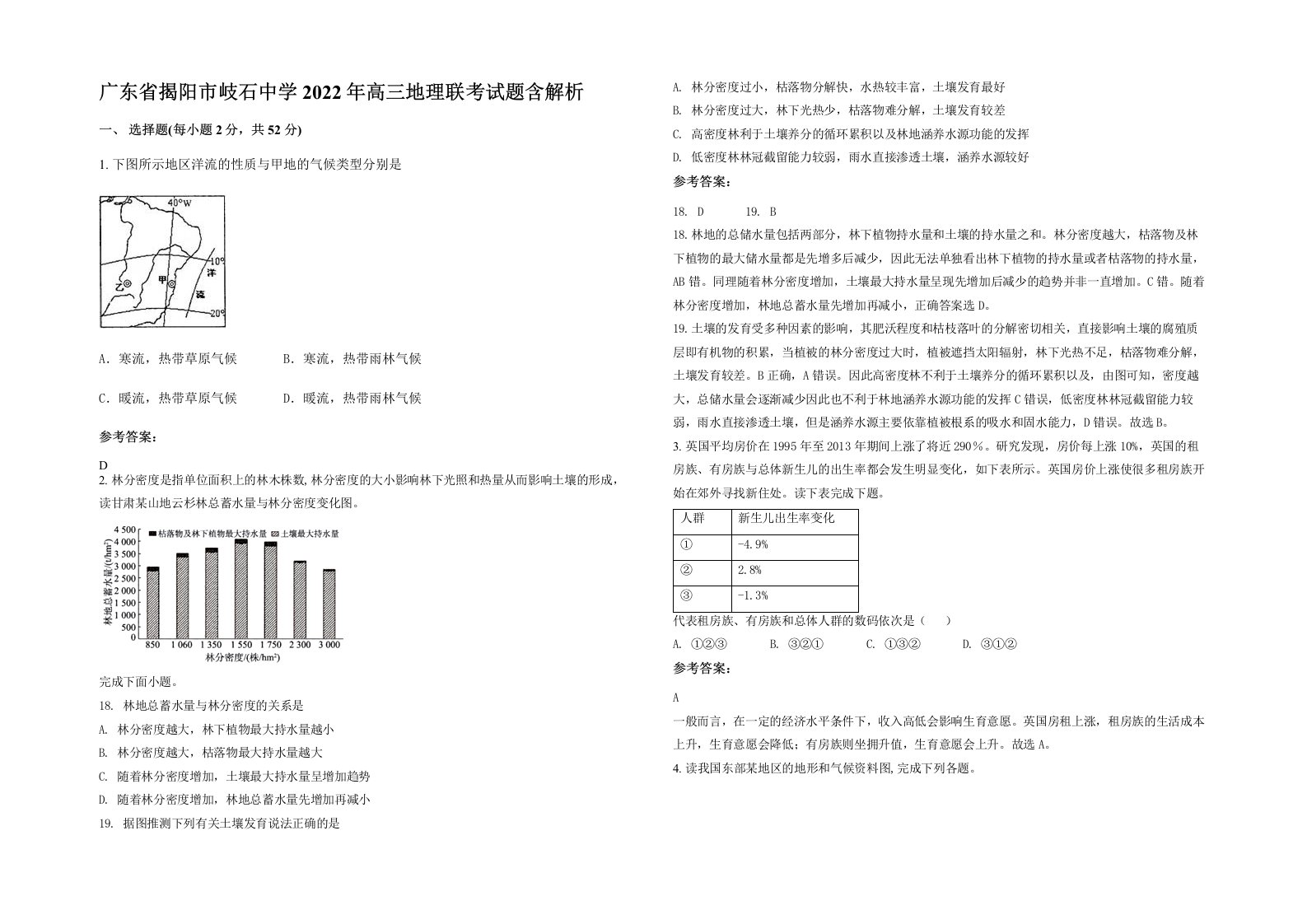 广东省揭阳市岐石中学2022年高三地理联考试题含解析