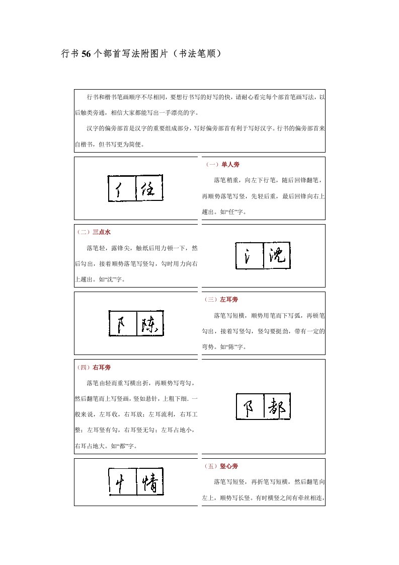 行书56个部首写法附图片(书法笔顺)