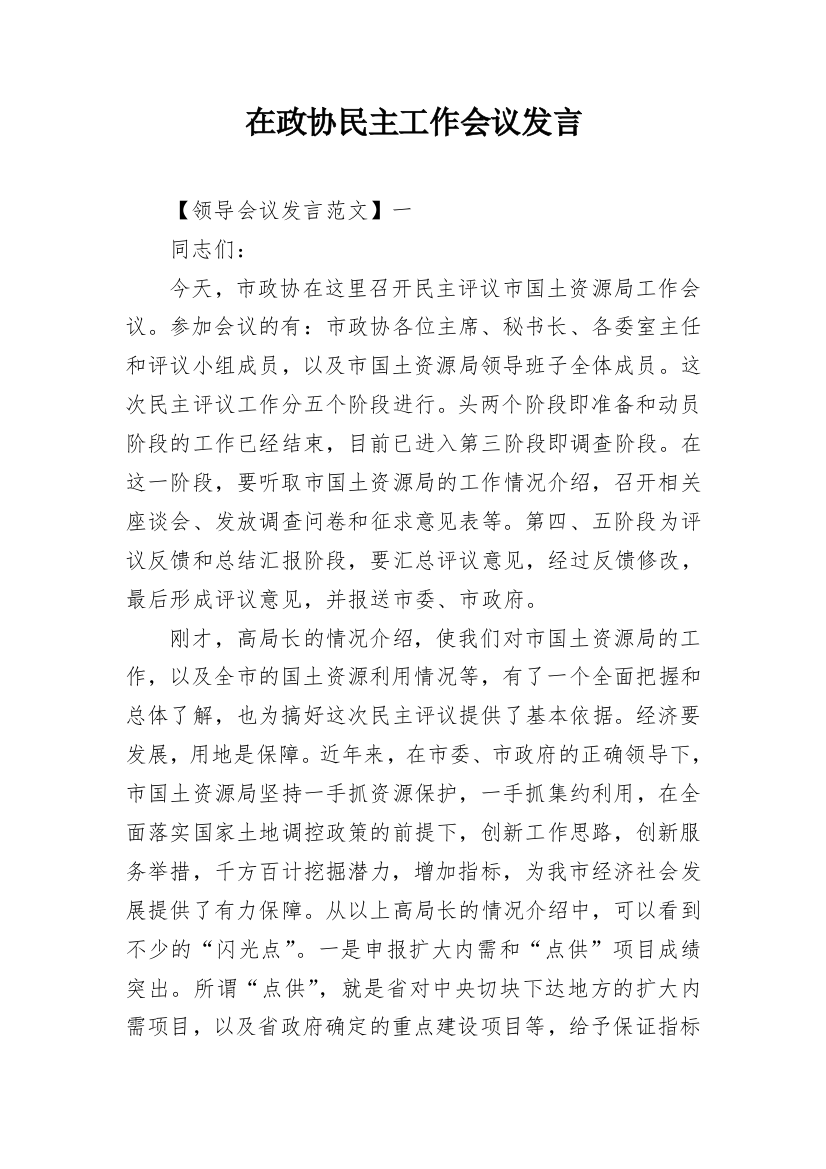 在政协民主工作会议发言