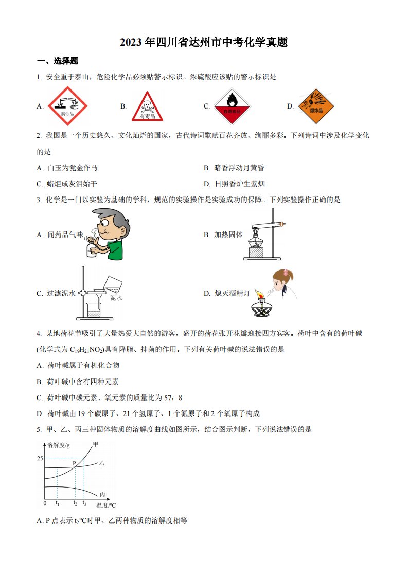 精品解析：2023年四川省达州市中考化学真题（原卷版）