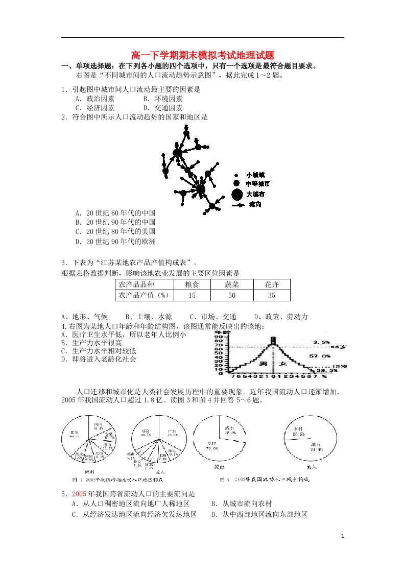 江苏省盱眙县都梁中学高一地理下学期期末模拟考试试题新人教版