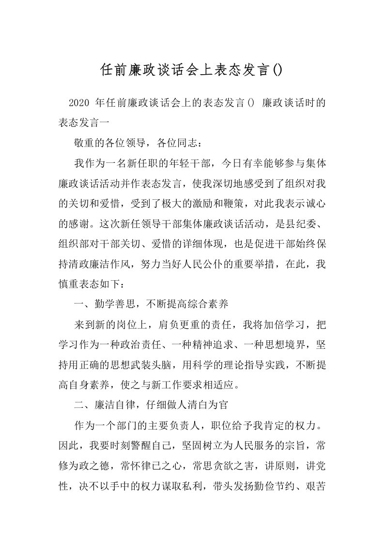 任前廉政谈话会上表态发言()