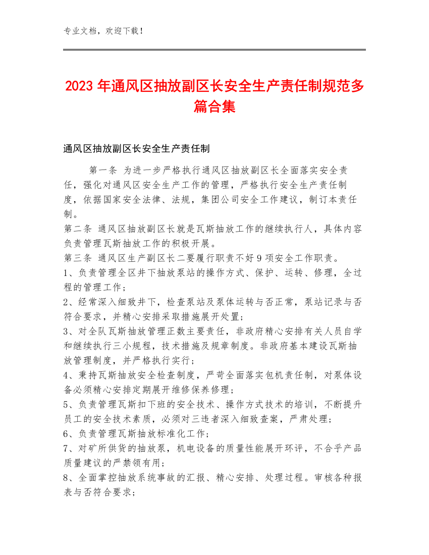 2023年通风区抽放副区长安全生产责任制规范多篇合集