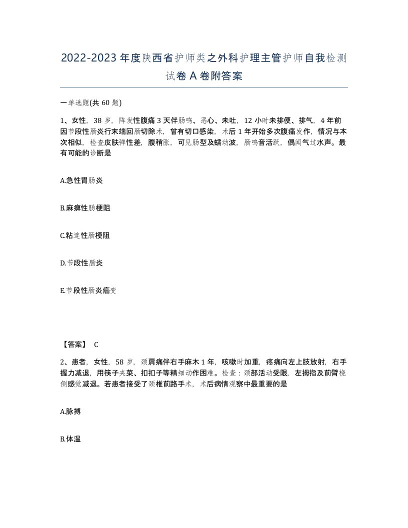 2022-2023年度陕西省护师类之外科护理主管护师自我检测试卷A卷附答案