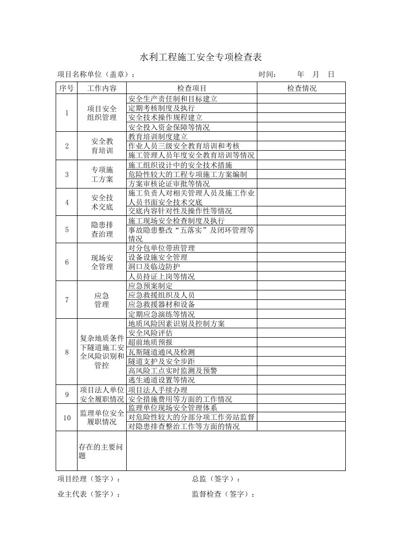 水利工程施工安全专项检查表