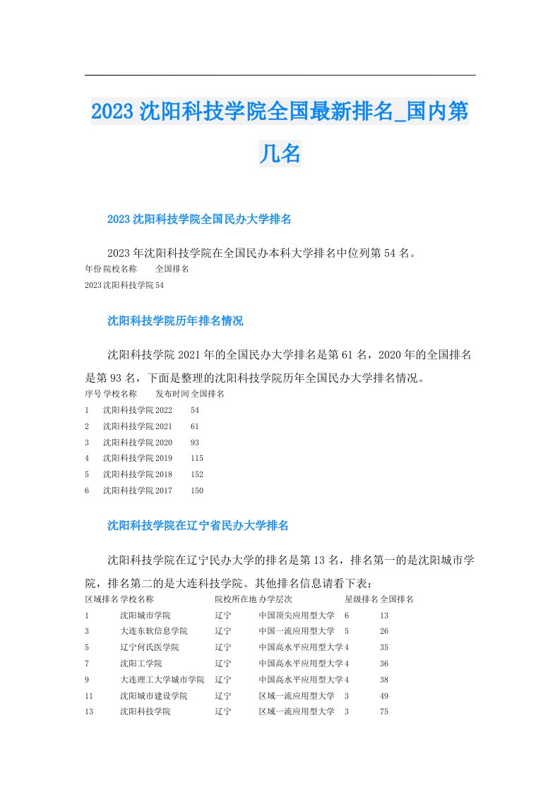 沈阳科技学院全国最新排名_国内第几名