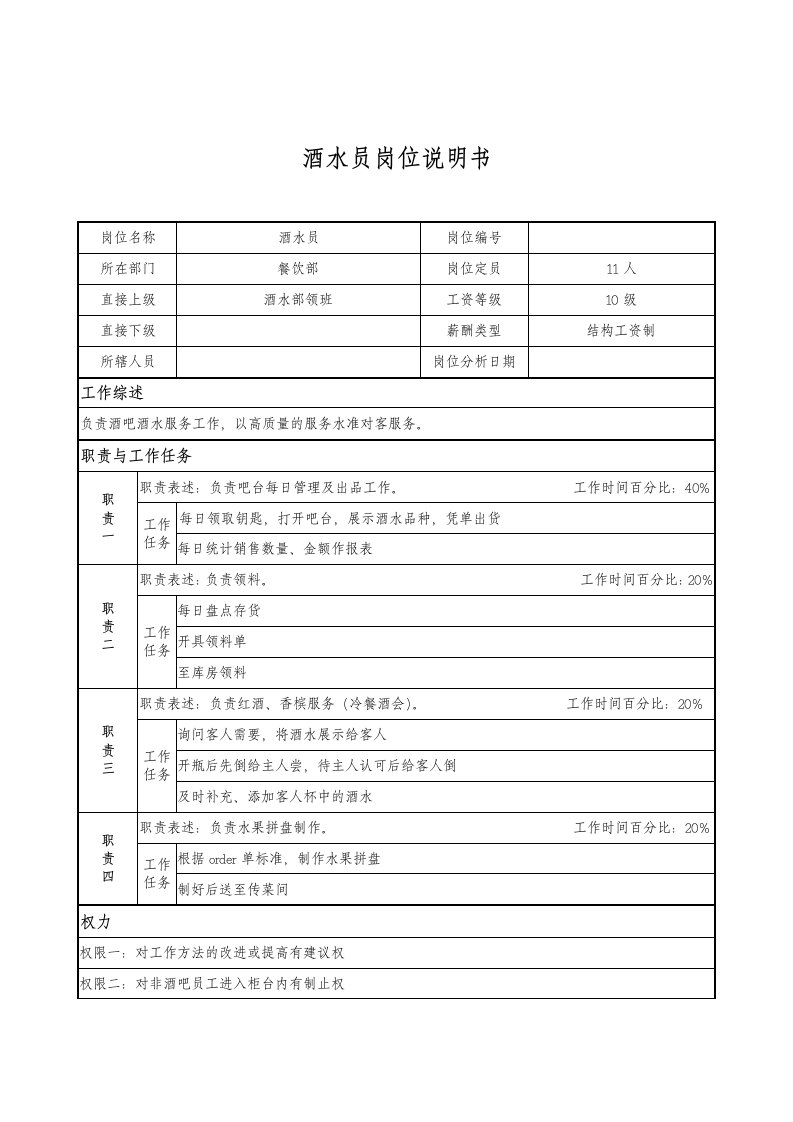 酒水员岗位说明书