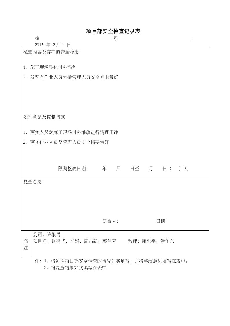 项目部安全检查记录表