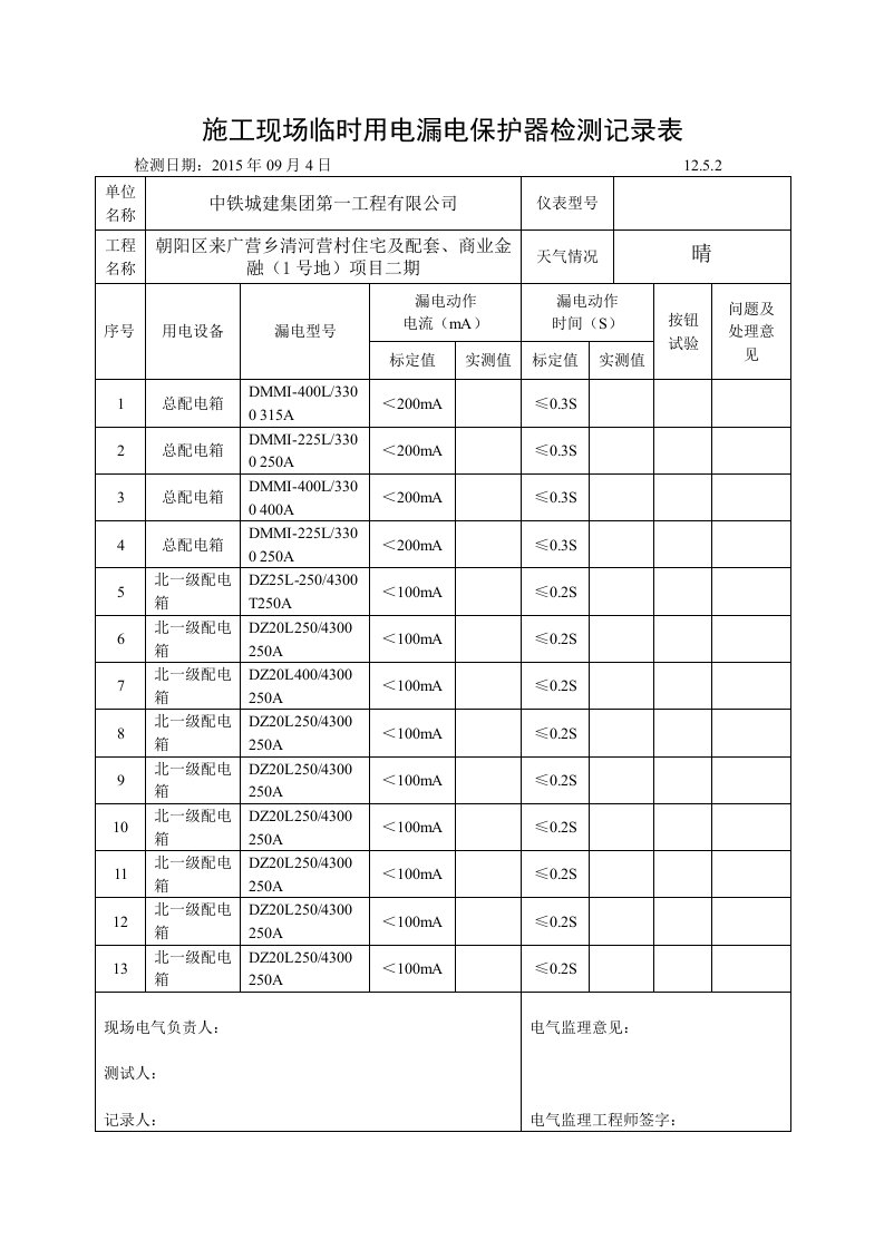 项目施工现场临时用电漏电保护器检测记录表12.5.2