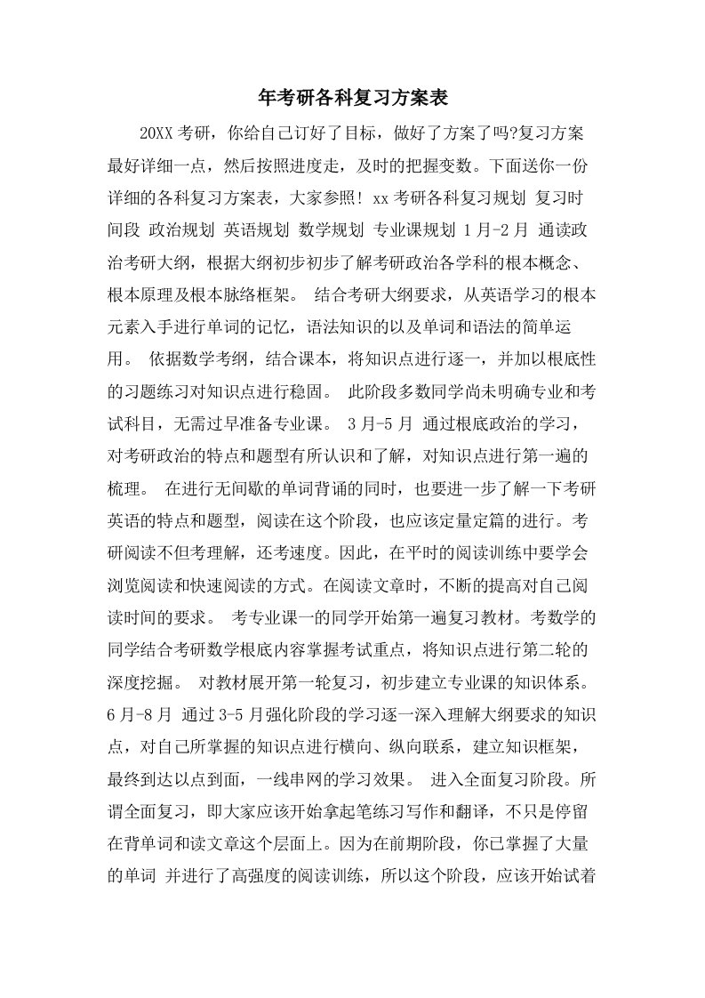 年考研各科复习计划表