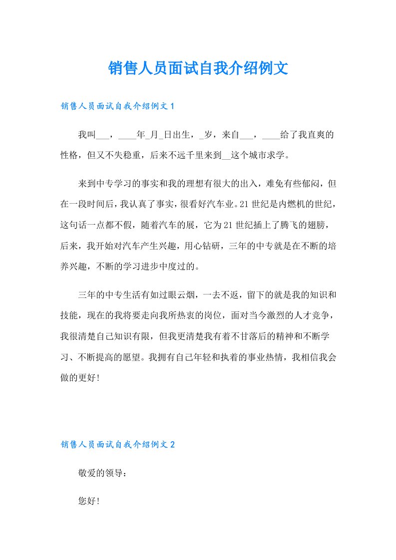 销售人员面试自我介绍例文