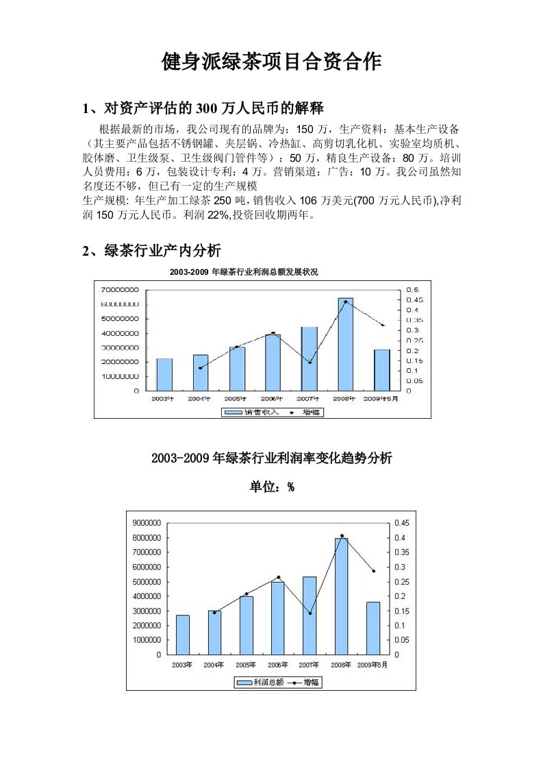 健身派绿茶项目合资合作谈判计划书