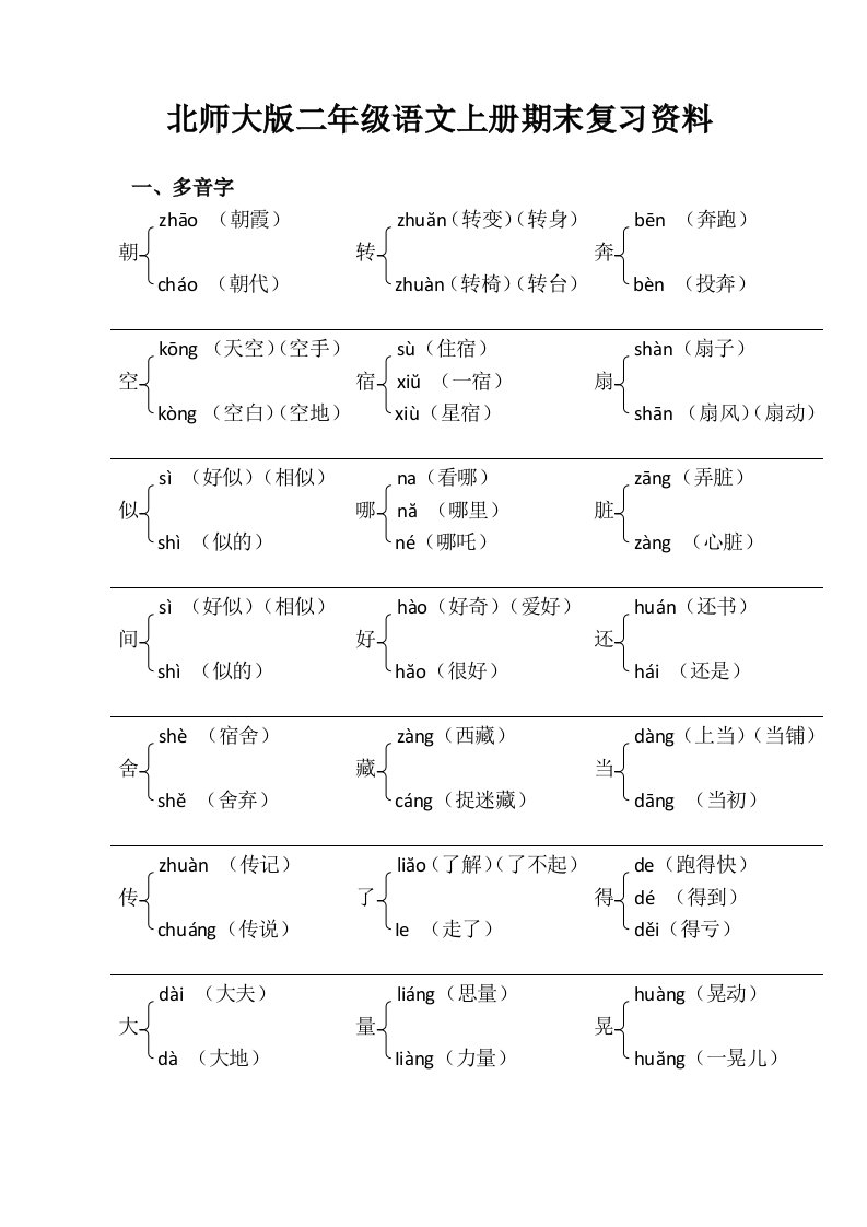 北师大版二年级上册语文期末复习资料