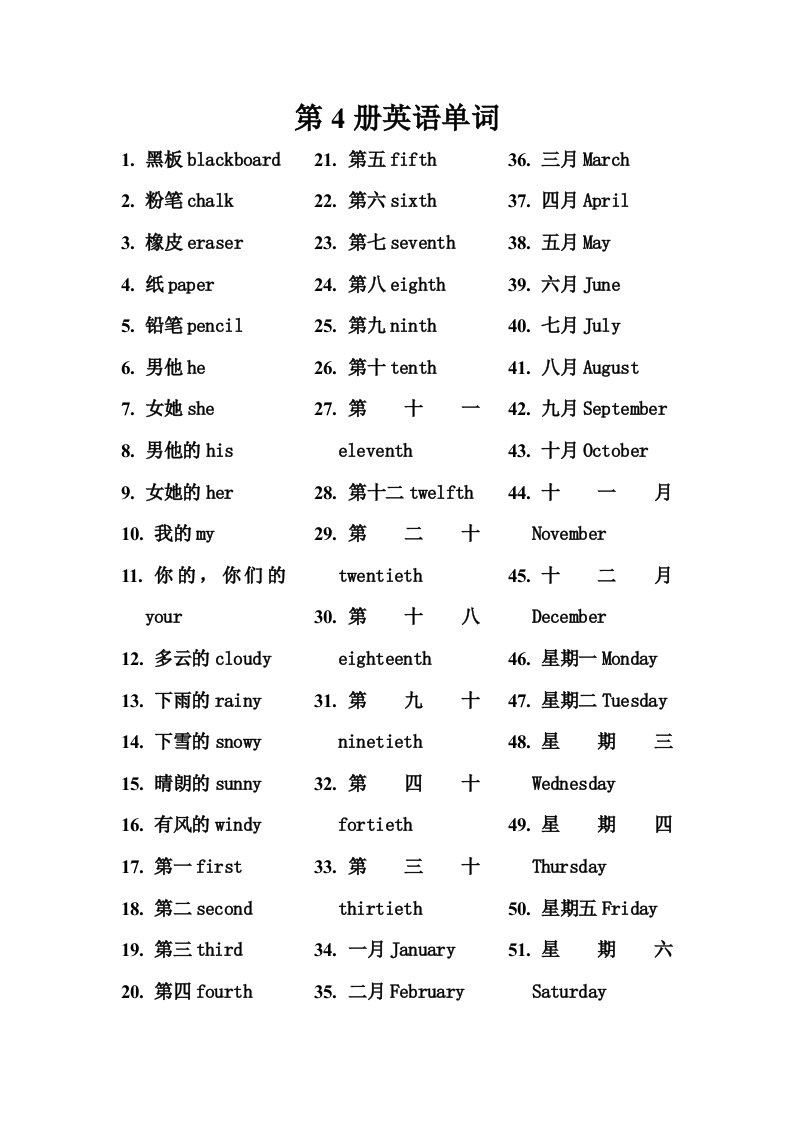 小学四年级英语单词汇总