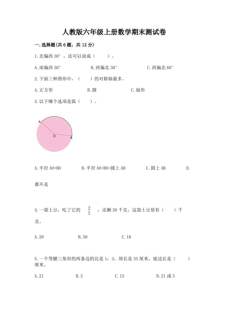 人教版六年级上册数学期末测试卷（真题汇编）