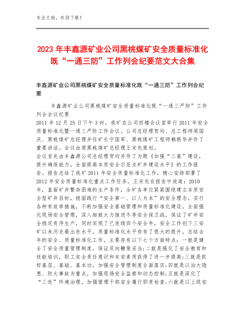 2023年丰鑫源矿业公司黑桃煤矿安全质量标准化既“一通三防”工作列会纪要范文大合集