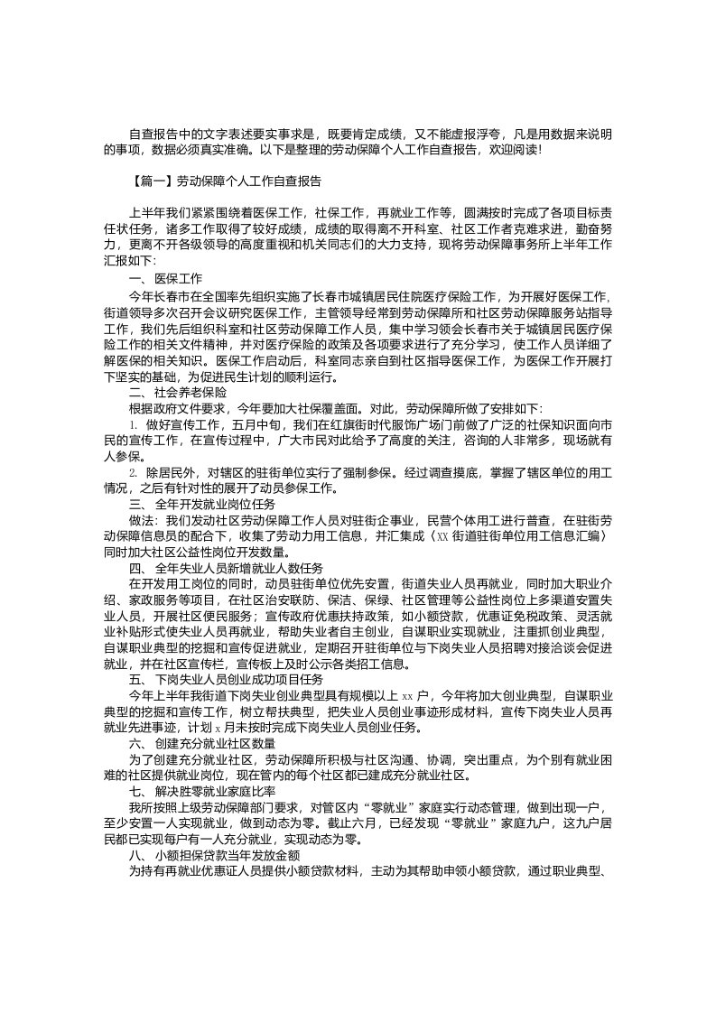 劳动保障个人工作自查报告4篇