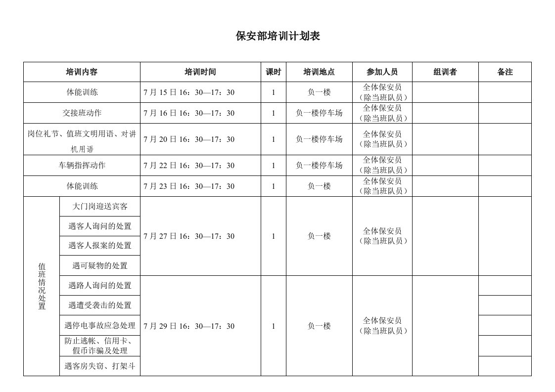 保安部培训计划表