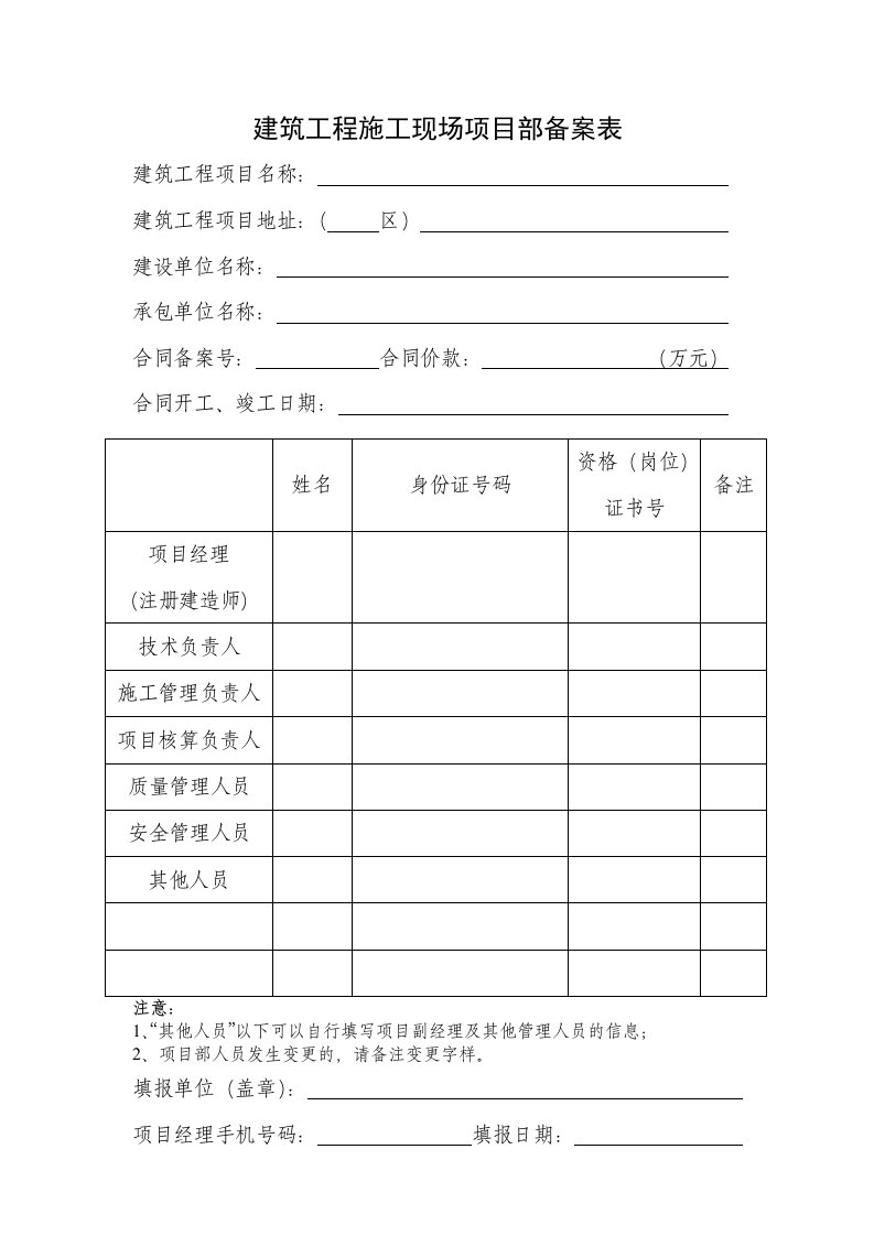 建筑工程施工现场项目部备案表