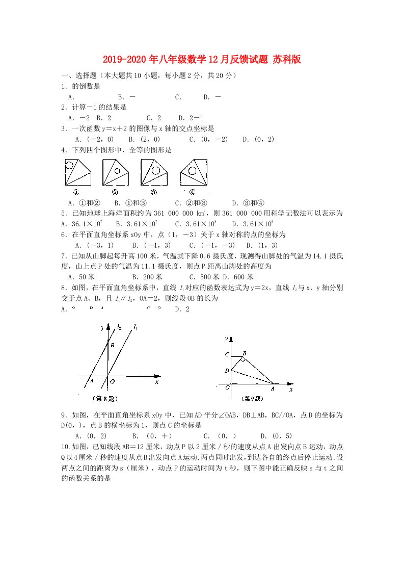 2019-2020年八年级数学12月反馈试题