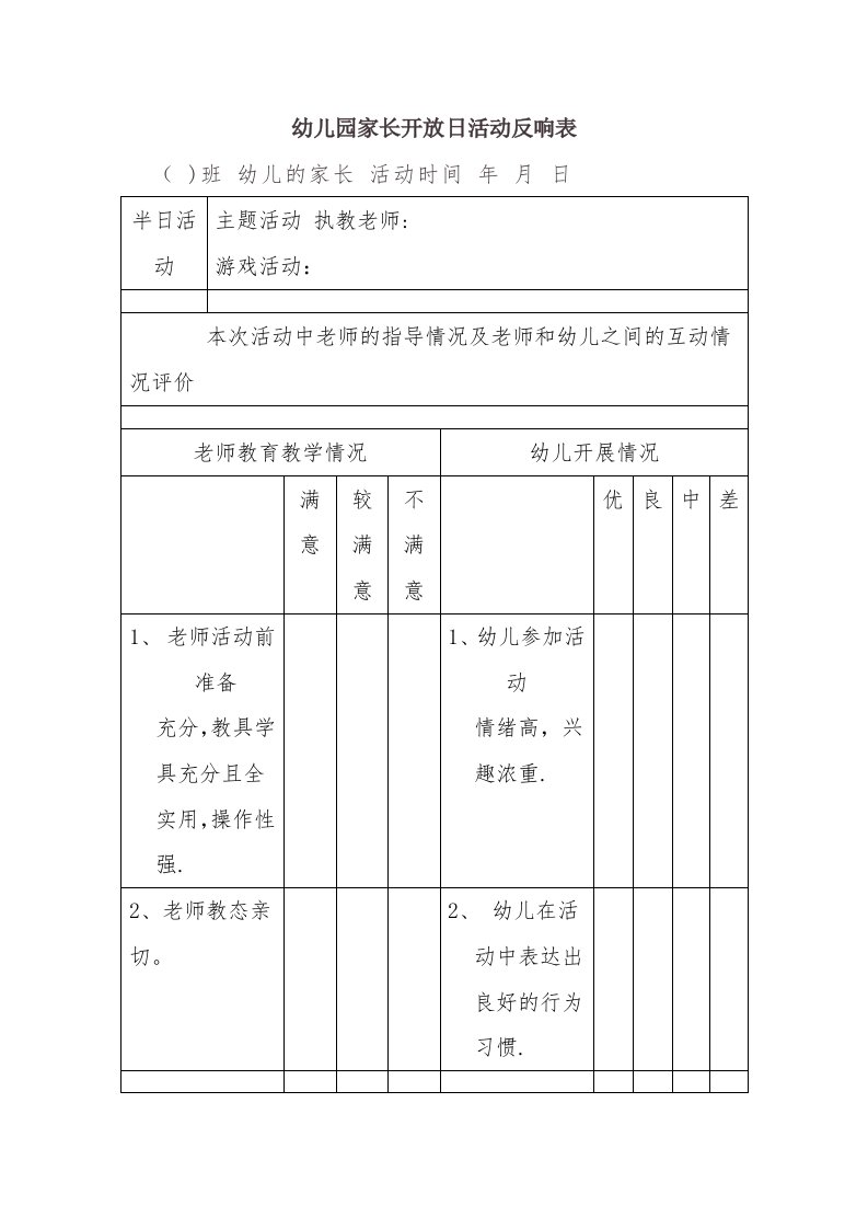 幼儿园家长开放日活动反馈表