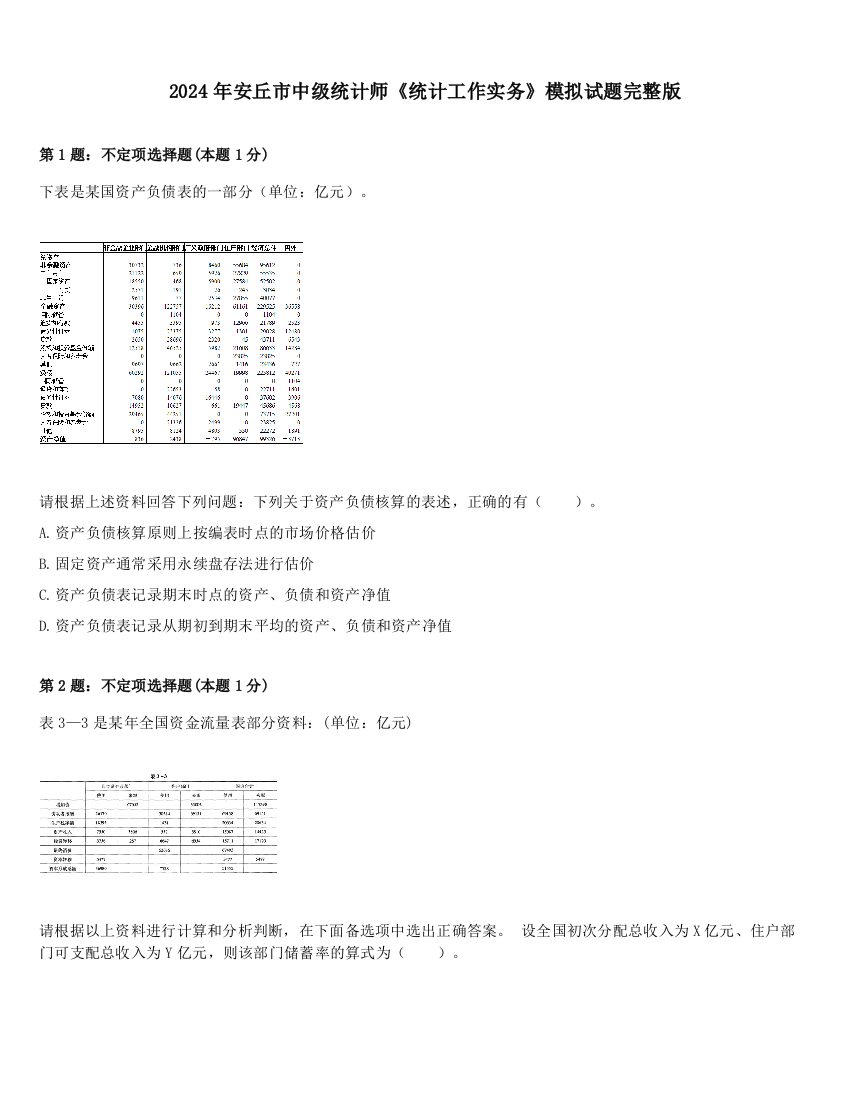 2024年安丘市中级统计师《统计工作实务》模拟试题完整版