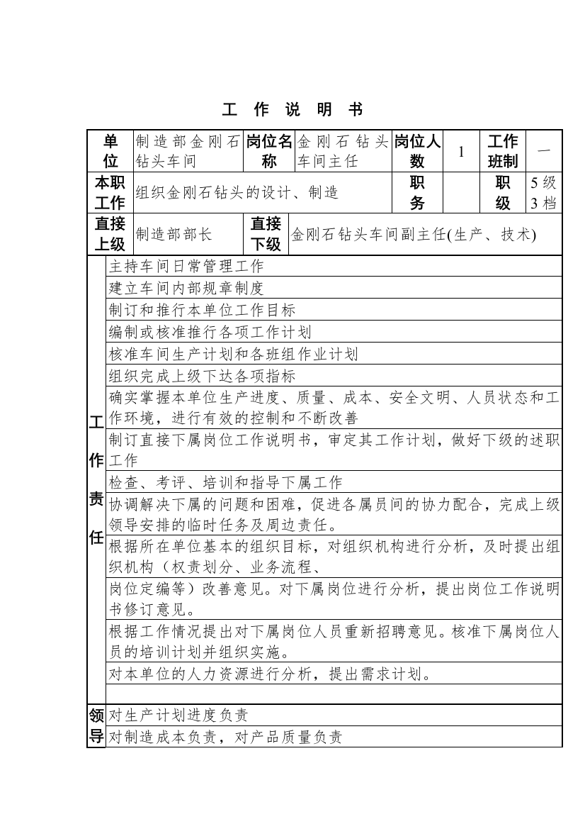 金刚石钻头车间工作说明书