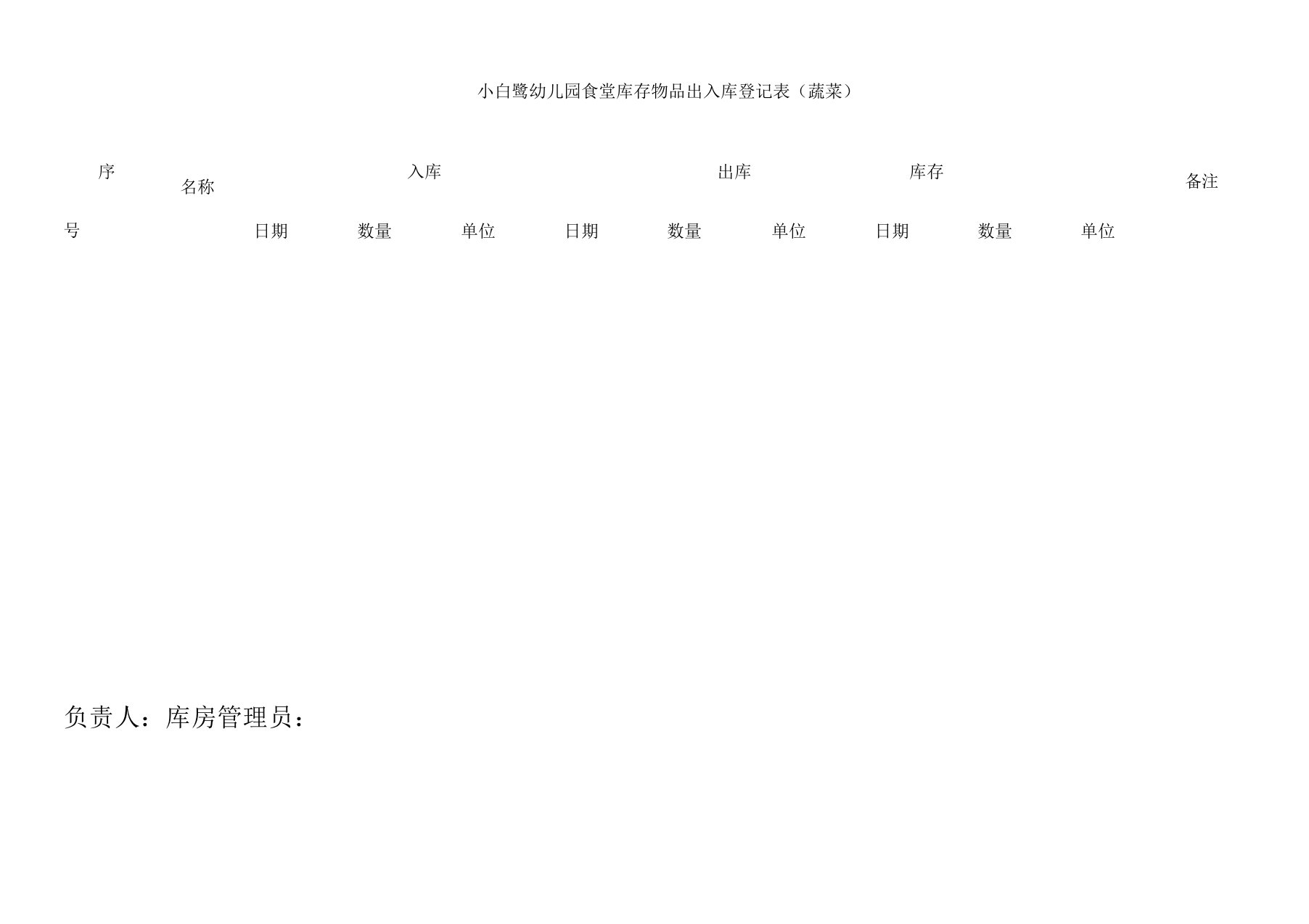 小白鹭幼儿园教学食堂库存物品出入库登记表格