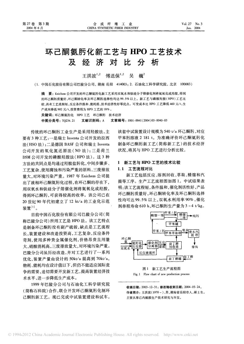 《环己酮氨肟化新工艺与hpo工艺技术及经济对比分析.》