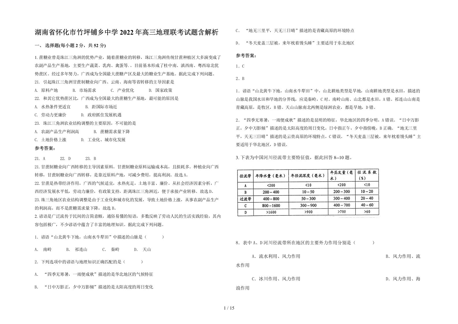 湖南省怀化市竹坪铺乡中学2022年高三地理联考试题含解析