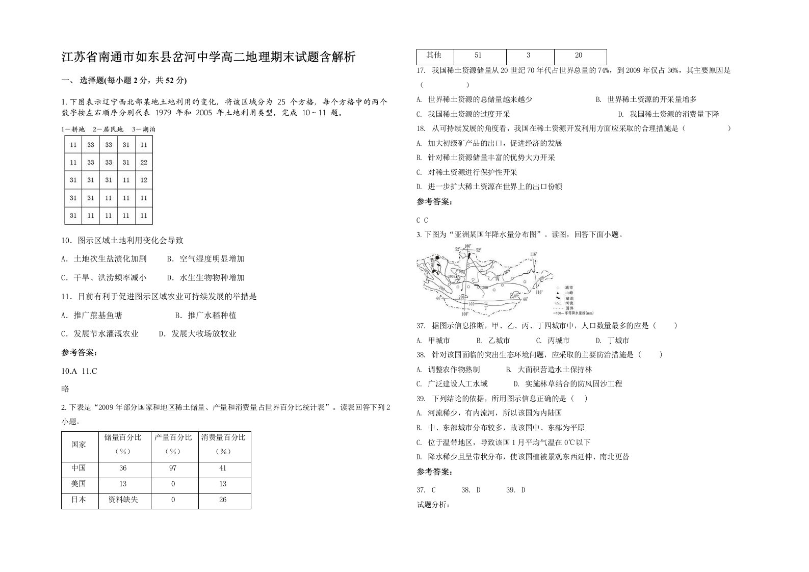 江苏省南通市如东县岔河中学高二地理期末试题含解析