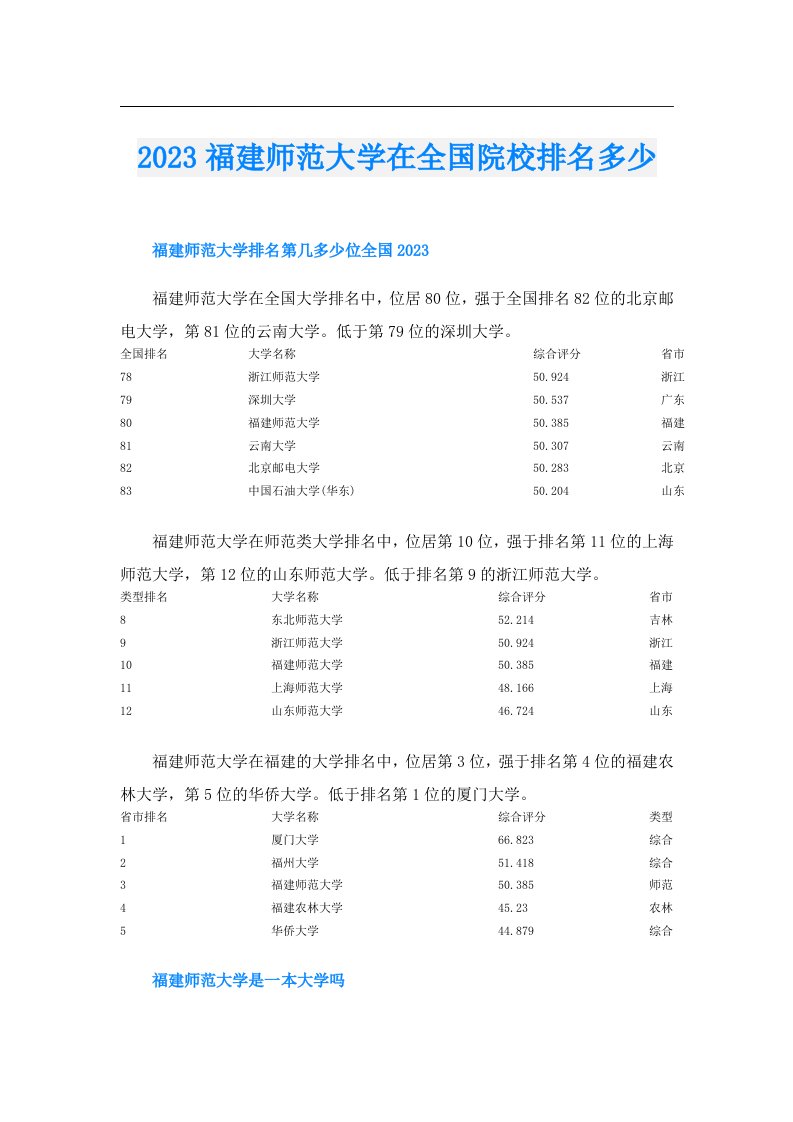 福建师范大学在全国院校排名多少