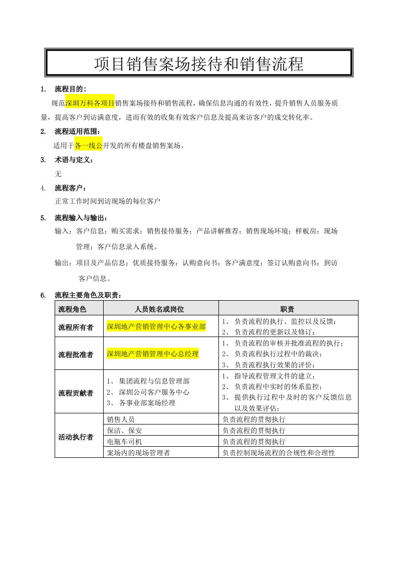 房地产项目管理-万科地产项目销售案场接待和销售流程12页